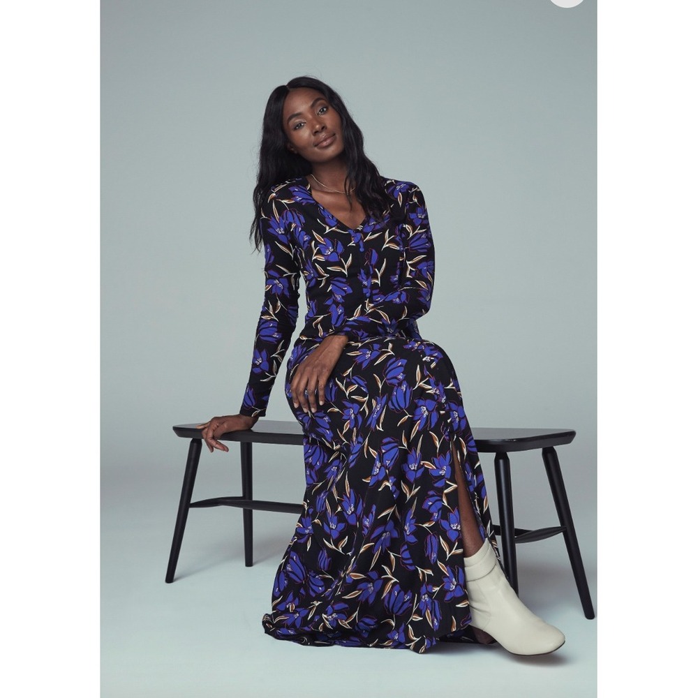 Long Tall Sally Maxi Dress Women 20 Black Blue Floral Button Front Long Sleeve